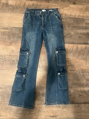 Forever 21 Dark Blue Cargo Flare Jeans — Wide Leg Women's Denim